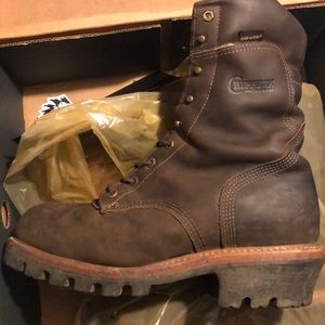 Size 12 9in logger boots, steel toe, waterproof.